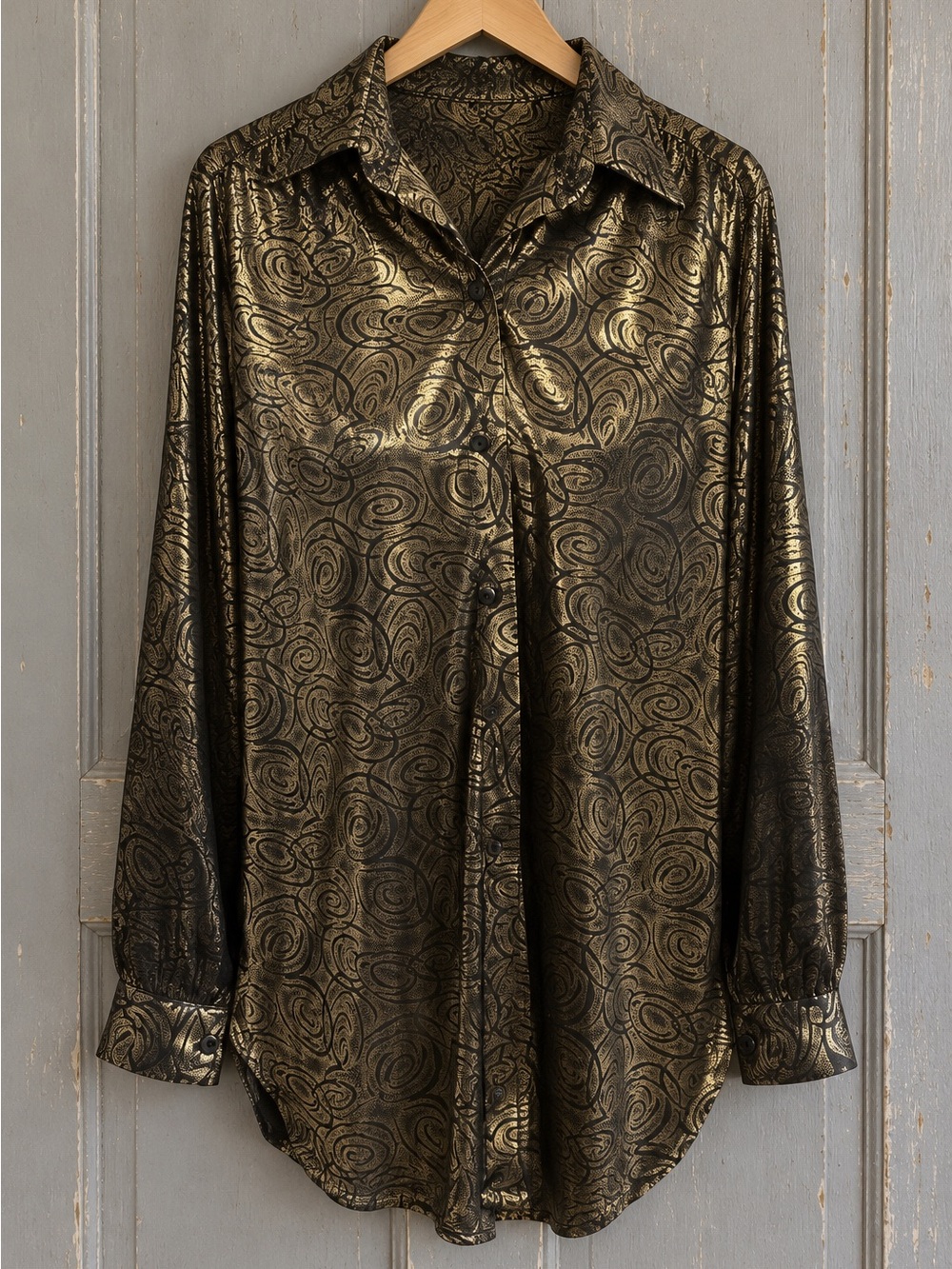 Joanna Black & Gold Metallic Swirl Button Front Blouse | Size L